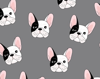 Tecido cinza para buldogue francês, tecido para cachorro francês, tecido por metro, Little Smilemakers, algodão para quilting, tecido de malha, lona, Minky