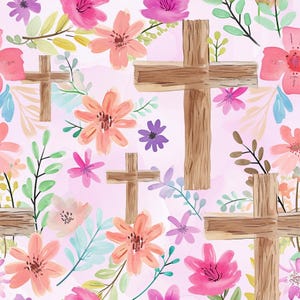 May include: Watercolor floral pattern with wooden crosses, featuring pink, orange, and purple flowers, green leaves, and a light pink background. The design has a soft, artistic feel, suitable for Easter or religious-themed crafts.