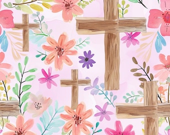 Cross Floral Fabric, Christian Easter Fabric, Fabric by the Yard, Tori Egeler, Quilting Cotton, Minky, Canvas, Sateen, Broadcloth, Spandex