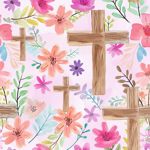 Cross Floral Fabric, Christian Easter Fabric, Fabric by the Yard, Tori Egeler, Quilting Cotton, Minky, Canvas, Sateen, Broadcloth, Spandex