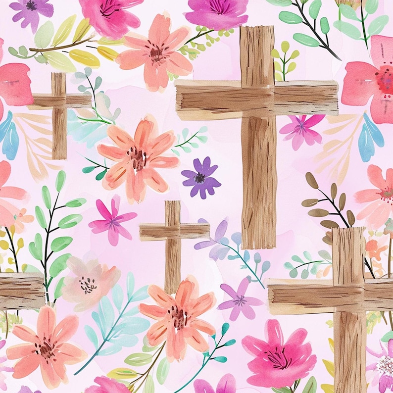 May include: Watercolor floral pattern with wooden crosses, featuring pink, orange, and purple flowers, green leaves, and a light pink background. The design has a soft, artistic feel, suitable for Easter or religious-themed crafts.