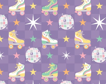 May include: A repeating pattern featuring roller skates in various colours, disco balls, and stars on a purple chequered background. The roller skates are white, yellow, and green with pink and yellow wheels. The disco balls are silver and the stars are yellow, pink, and white.