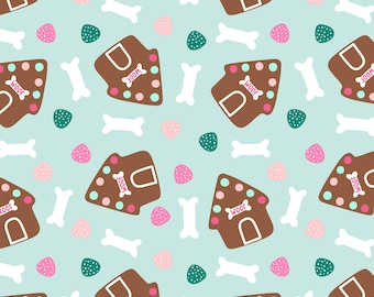Tela navideña para caseta de perro color aguamarina, tela con diseño de pan de jengibre para perros, tela cortada a medida, Prue Melanie, algodón para acolchado, tela de punto, lona, Minky