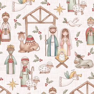 Christmas Nativity Scene Fabric, Religious Christmas Fabric, Fabric by the Yard, Krystal Winn, Quilting Cotton, Sateen, Canvas, Minky, Knits