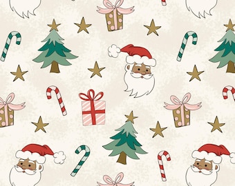 Könnte beinhalten: Ein sich wiederholendes Muster mit Weihnachtsmann-Gesichtern, Weihnachtsbäumen, Zuckerstangen, Geschenkboxen und goldenen Sternen auf cremefarbenem Hintergrund. Das Design hat eine Vintage-Ästhetik, ideal für weihnachtliche Produkte.