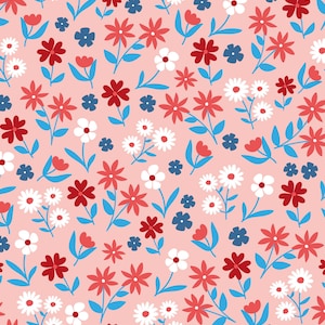 Pink Patriotic Floral Fabric, 4th of July Flowers, Fabric by the Yard, Little Smile Makers, Quilting Cotton, Knit Fabric, Spandex, Canvas