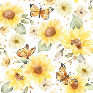 Sonnenblumen Schmetterling Stoff, Meterware, Floraler Stoff, Autumn River Studio, Quilting Baumwolle, Strickstoff, Canvas, Swim Stoff