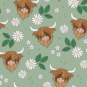 Green Highland Cow Floral Fabric, Fabric by the yard, Farm Animal Fabric, Little Smilemakers, Quilting Cotton, Knit Fabric, Canvas, Jersey