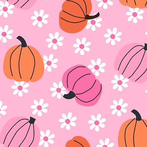 Pumpkins on Pink with Flowers Fabric, Fabric by the Yard, Halloween Fabric, Hey Cute, Quilting Cotton, Bamboo, Jersey, Canvas, Spandex