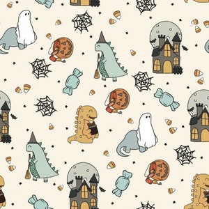 Halloween Dinosaur Fabric, Fabric by the Yard, Brittany Frost, Quilt Fabric, Broadcloth, Organic Cotton, French Terry, Cotton Spandex