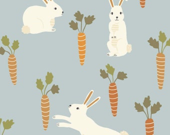 Blue Easter Fabric, Bunny and Carrot Fabric, Fabric by the Yard, Erin Kendal, Quilting Cotton, Knit Fabric, French Terry, Jersey, Bamboo
