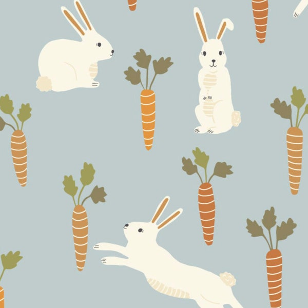 Blue Easter Fabric, Bunny and Carrot Fabric, Fabric by the Yard, Erin Kendal, Quilting Cotton, Knit Fabric, French Terry, Jersey, Bamboo