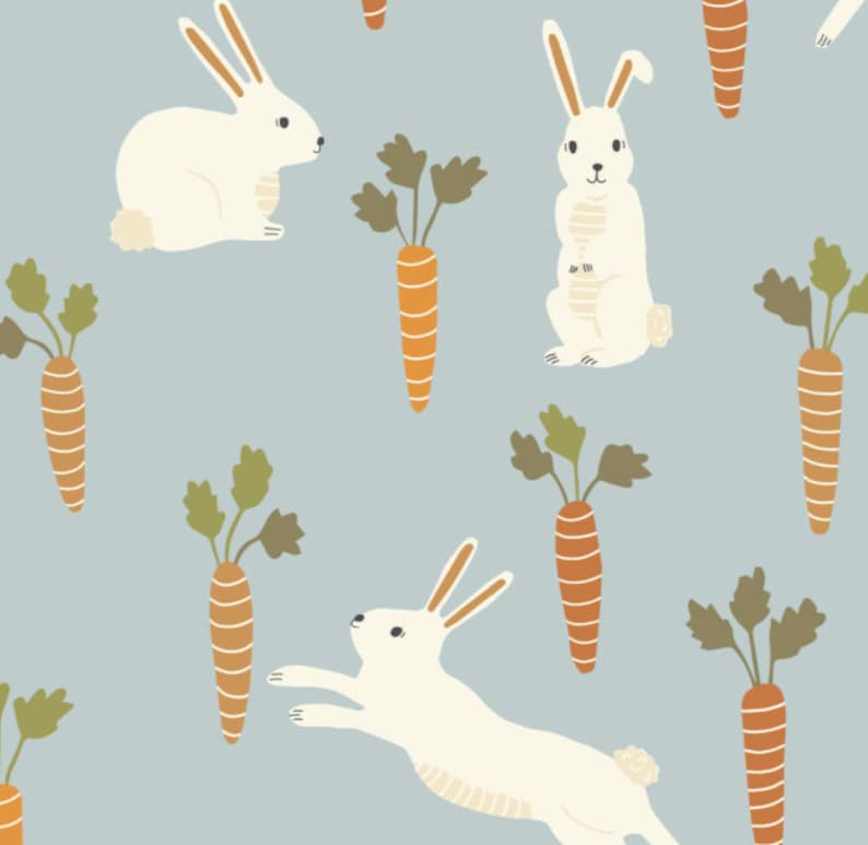 May include: A seamless pattern featuring white rabbits and orange carrots on a light blue background. The rabbits are in various poses, including sitting, standing, and jumping. The carrots are upright and have green leafy tops.
