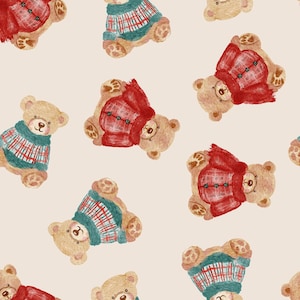 Könnte beinhalten: Ein nahtloses Muster mit Aquarell-Illustrationen von braunen Teddybären, die rote und grüne karierte Pullover tragen. Die Bären befinden sich in verschiedenen Posen, einige sitzen, einige stehen und einige schauen zur Seite. Der Hintergrund ist hellbeige.
