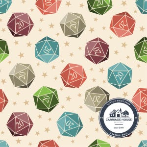 May include: A repeating pattern of multi-colored twenty-sided dice on a cream background with small stars. Each die features the number 20. A circular logo in the bottom right corner reads CUSTOM PRINT SHOP CARRIAGE HOUSE PRINTERY since 2018 CARROLL, OHIO.