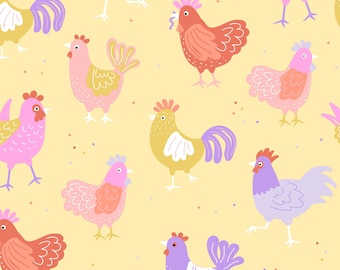Yellow Chicken Fabric, Fabric by the Yard, Farm Fabric, Little Smile Makers, Quilting Cotton, Broadcloth, Organic Cotton, Spandex, Canvas
