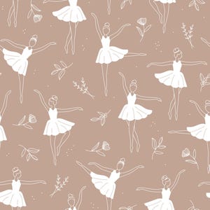 Peut inclure: Motif répété de danseuses de ballet blanches sur fond neutre. Les danseuses sont représentées dans différentes poses, accompagnées de motifs floraux et de feuilles. L'ensemble crée une esthétique gracieuse et élégante.