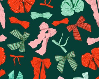 Green Christmas Bow Fabric, Holiday Ribbons, Fabric by the Yard, Ashes & Ivy, Quilting Cotton, Knit Fabric, Canvas, Minky, Sateen, Jersey