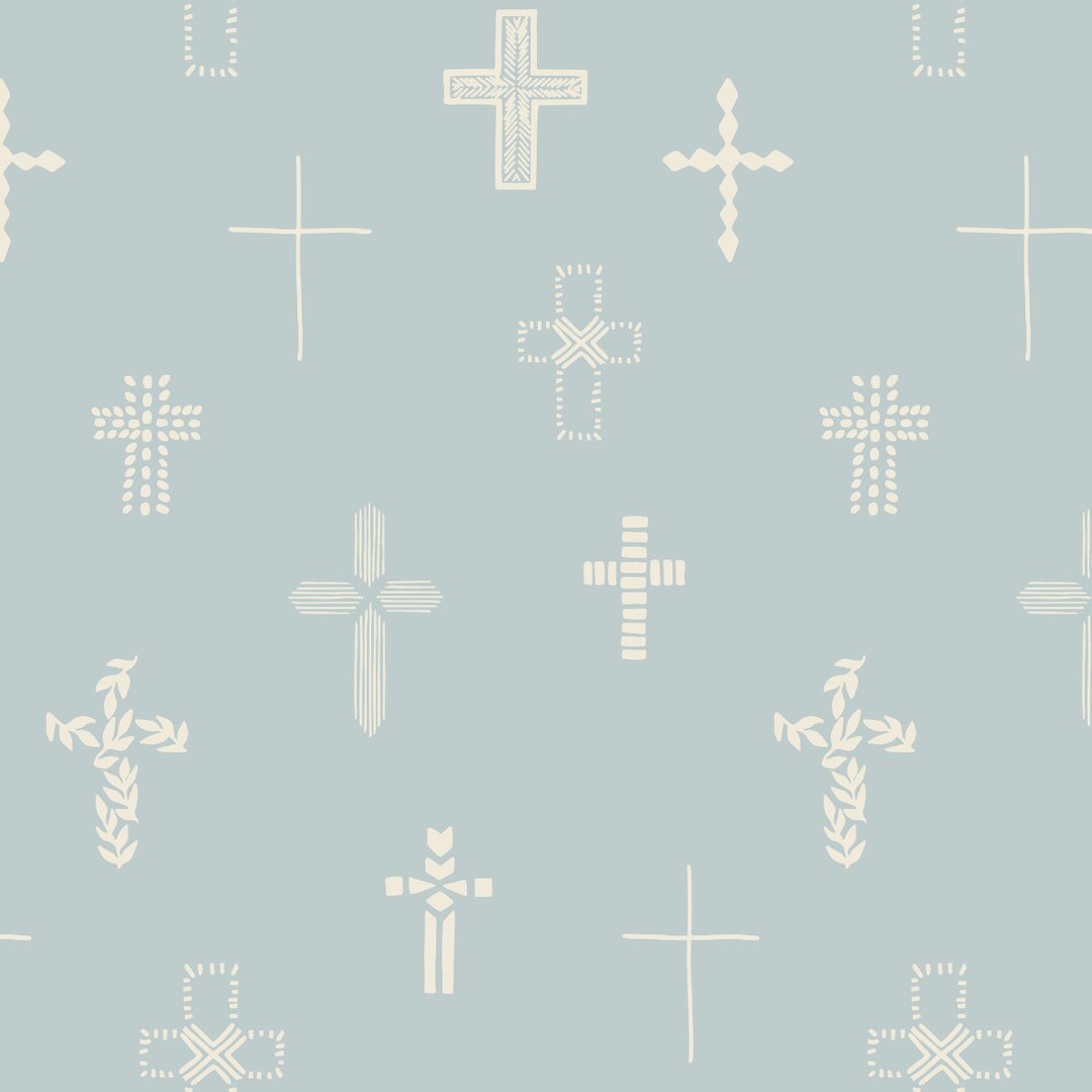 Light Blue Cross Fabric, Religious Fabric, Fabric by the Yard, Erin