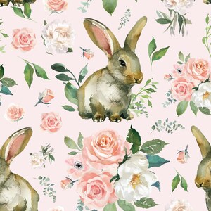 Spring Bunny Floral Fabric, Easter Rabbit Fabric, Fabric by the Yard, Michelle Hemeon, Quilting Cotton, Knit Fabric, Canvas, Bamboo, Spandex
