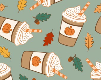 Teal Pumpkin Spice Coffee Fabric, Latte Coffee Fabric, Fall Fabric by the Yard, Prue Melanie, Quilting Cotton, Broadcloth, Canvas, Sateen