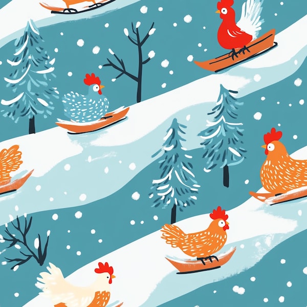 Weihnachten Huhn Stoff, Winter Schlitten Huhn Stoff, Meterware, Tori Egeler, Quilten Baumwolle, Satin, Leinwand, Minky, Jersey