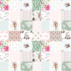 Boho Floral Desert Horse Fabric, Cheater Quilt, Fabric by the Yard, Quilting Made Easy, Faux Quilt Fabri, Broadcloth, Quilting Cotton,Sateen