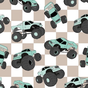 Monster Truck Checker Fabric, Fabric by the Yard, Truck Fabric, Little Smilemakers, Quilting Cotton, Knit Fabric, Spandex, Canvas, Minky