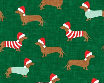 Christmas Dachshund Fabric, Santa Dog Fabric, Fabric by the Yard, Little Arrow Design, Quilting Cotton, Jersey, Canvas, Minky, Broadcloth