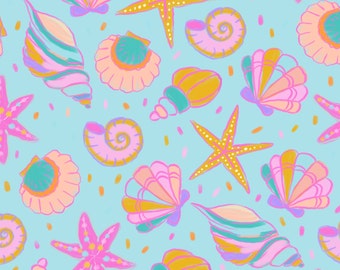 Bright Seashell Fabric, Beach Fabric, Fabric by the Yard, Colour & Joy, Swim Fabric, Boardshort Fabric, Quilting Cotton, Jersey, Sateen