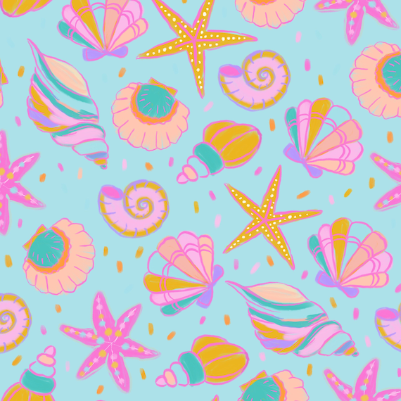 Bright Seashell Fabric, Beach Fabric, Fabric by the Yard, Colour & Joy, Swim Fabric, Boardshort Fabric, Quilting Cotton, Jersey, Sateen
