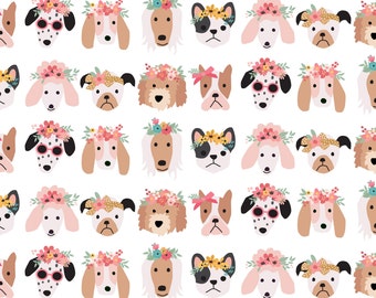 Dog Flower Crown Fabric, Puppies with Flowers, Fabric by the Yard, Hey Cute Design, Quilting Cotton, Knit Fabric, Spandex, Canvas, Sateen