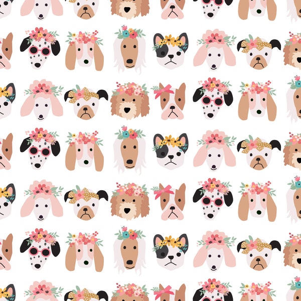 Dog Flower Crown Fabric, Puppies with Flowers, Fabric by the Yard, Hey Cute Design, Quilting Cotton, Knit Fabric, Spandex, Canvas, Sateen