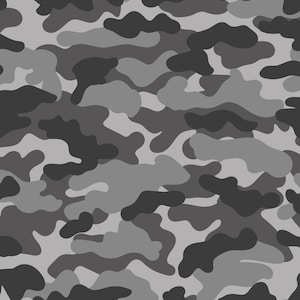 May include: A seamless pattern featuring a camouflage design in shades of gray and black. The pattern consists of irregular, organic shapes, creating a classic military-inspired aesthetic. The varying tones of gray provide depth and visual interest.
