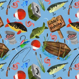 Blue Fishing Fabric, Gone Fishing Fabric, Fabric by the Yard, Tori Egeler, Quilting Cotton, Broadcloth, Canvas, Minky, Knit Fabrics