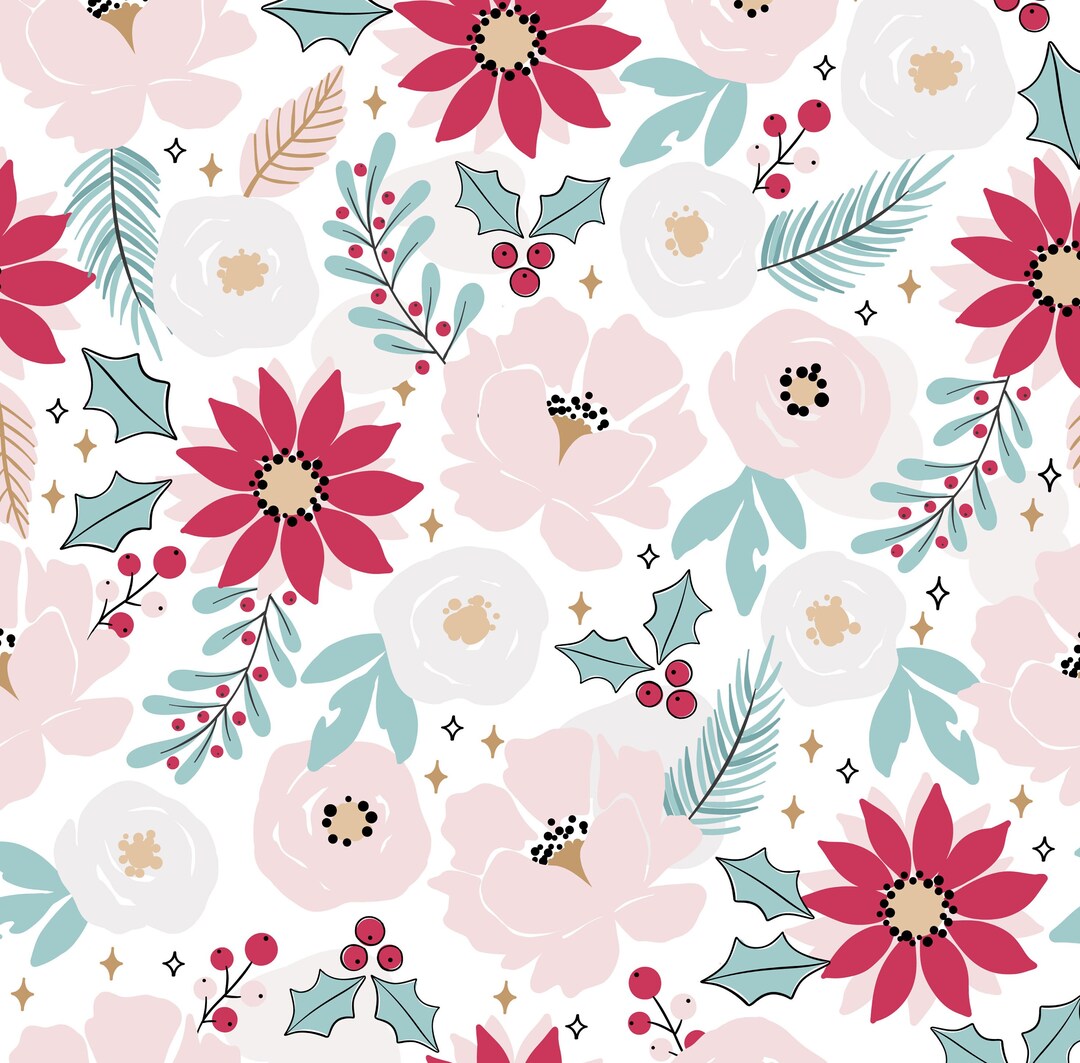 Pink Christmas Floral Fabric, Pink Christmas Fabric, Fabric by the Yard