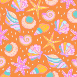 Pode incluir: Um padrão sem costura que apresenta uma variedade de conchas e estrelas do mar sobre um fundo laranja. As conchas são em tons de rosa, amarelo, azul e verde, e as estrelas do mar são amarelas com um contorno branco.