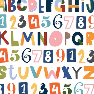 Alphabet Number Fabric, Fabric by the Yard, ABC Fabric, Back to School Fabric, Quilting Cotton, Spandex, Bamboo, Jersey, Canvas, Rib Knit