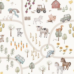 Farm Fabric, Farm Animal Fabric, Horse Cow Goat, Fabric by the Yard, Autumn River, Quilting Cotton, Knit Fabric, Canvas, Jersey, Sateen