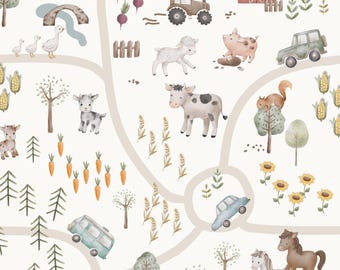 May include: A watercolor illustration of a farm scene with a winding road, a red barn, a tractor, a car, a cow, a pig, a goat, a squirrel, a bird, and a variety of plants and flowers.