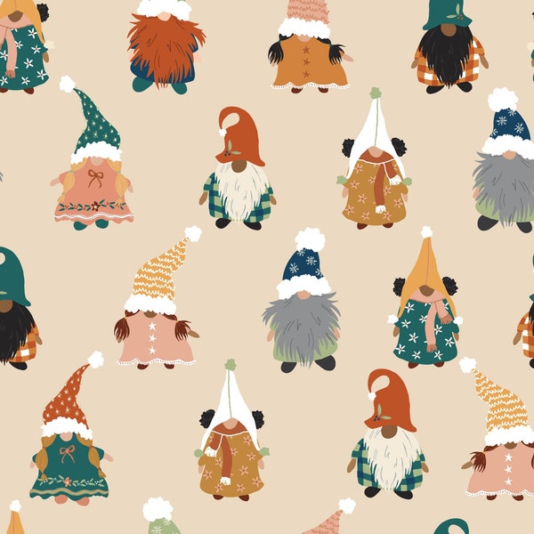 Christmas Gnomes Fabric, Christmas Fabric, Fabric by the Yard, Quilting Cotton, French Terry, Jersey, Bamboo, Canvas, Spandex, Rib Knit