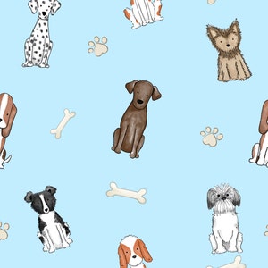 Blue Dog Fabric, Dog Bone Paw Print Fabric, Fabric by the Yard, Tori Egeler, Quilting Cotton, Knit Fabric, Spandex, Canvas, Minky, Jersey