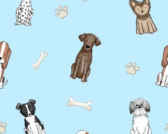 Blue Dog Fabric, Dog Bone Paw Print Fabric, Fabric by the Yard, Tori Egeler, Quilting Cotton, Knit Fabric, Spandex, Canvas, Minky, Jersey
