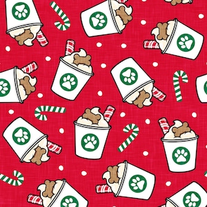 Red Christmas Dog Coffee Treat Fabric, Fabric by the Yard, Little Arrow Design, Quilting Cotton, Broadcloth, Canvas, Minky, Sateen, Jersey
