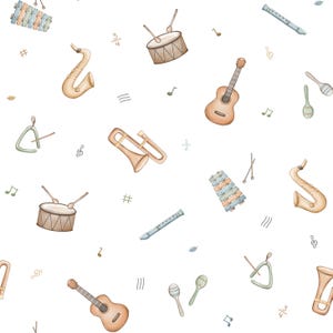 May include: A seamless pattern featuring watercolor illustrations of musical instruments, including a saxophone, guitar, drums, flute, and xylophone. Musical notes and symbols are scattered across a white background. The instruments are in soft, muted colors.