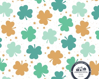Tela de trébol verde y dorado, estampado de trébol del Día de San Patricio, Julie Storie Designs