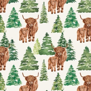 Forest Highland Cow with Calf Fabric, Fabric by the Yard, Cate and Rainn, Broadcloth, Quilting Cotton, Canvas, Sateen, Bamboo, Spandex