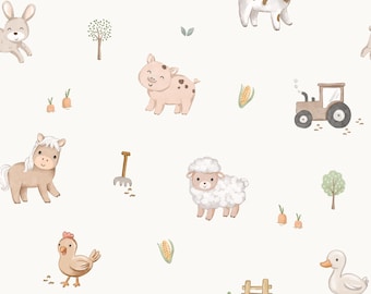 May include: A seamless pattern featuring various farm animals, including a pig, cow, sheep, horse, chicken, duck, and a tractor. The background is white with scattered brown dots and green leaves.
