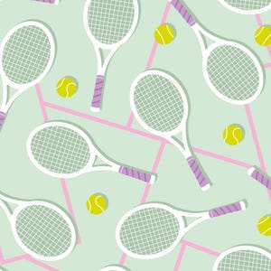 Green Tennis Racket Fabric, Fabric by the Yard, Sports Fabric, Little Smile Makers, Quilting Cotton, Canvas, Spandex, Sateen, Jersey, Minky