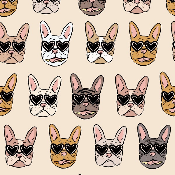 Puppy Love Fabric, French Bulldog Sunglasses Fabric, Valentines Day Fabric, Fabric by the Yard, Quilting Cotton, Knit Fabric, Canvas, Jersey